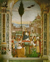 Eneas Silvio Piccolomini, el Papa Pío II en el puerto de Ancona, Italia, donde murió, mientras esperaba la reunión de los cruzados (fresco)