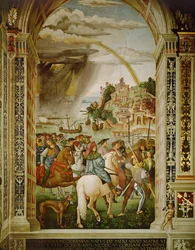 Eneas Silvio Piccolomini, secretario del cardenal Capranica, llega a Talamone de camino al Concilio de Basilea (fresco)