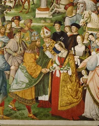 Eneas Silvio Piccolomini, entonces obispo de Siena, presenta al emperador Federico III a su esposa, Leonor de Portugal (fresco)