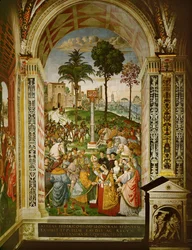 Eneas Silvio Piccolomini, entonces obispo de Siena, presenta al emperador Federico III a su esposa, Leonor de Portugal (fresco)