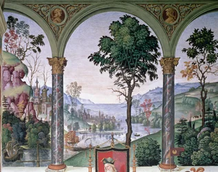 Paisaje de fondo visto a través de la logia, detalle de "Aeneas Sylvius Piccolomini (1405-64) Deliversivers an Oration before King James I of Scotland (1394-1437) in the winter of 1435