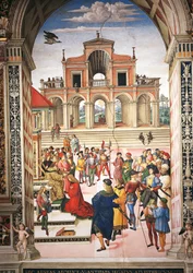 Italia, Siena, Catedral, Biblioteca Piccolomini, Enea Silvio Piccolomini siendo nombrado poeta laureado por el Emperador Federico III, (detalle) de Historias de Pío II