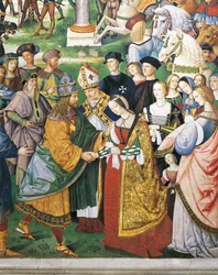 Italia, Siena, Catedral, Biblioteca Piccolomini, Enea Silvio Piccolomini, obispo de Siena asistiendo a la coronación de Federico III y Leonor de Aragón (detalle)