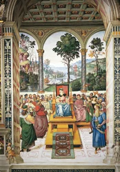 Italia, Siena, Catedral, Biblioteca Piccolomini, Enea Silvio Piccolomini dando un discurso ante el rey Jacobo I de Escocia, detalle de Historias de Pío II