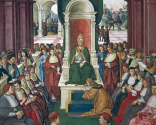 Italia, Siena, Catedral, Biblioteca Piccolomini, Enea Silvio Piccolomini en acto de sumisión al Papa Eugenio IV (detalle)
