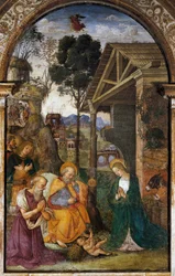 Natividad con San Jerónimo, fresco juvenil por Bernardino Betti conocido como Il Pinturicchio