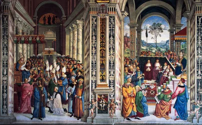Pío II llegando a Ancona para iniciar la cruzada (siglo XVI), fresco de Pinturicchio, Biblioteca Piccolomini, Catedral de Siena, Toscana, Italia