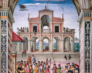 Biblioteca Piccolomini, pared noreste: "Eneas Silvio es coronado como poeta laureado por el emperador Federico III, el 27 de julio