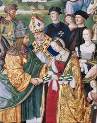 Biblioteca Piccolomini, pared sureste: "Eneas Silvio presenta a Eleonora de Aragón a Federico III, 24 de febrero