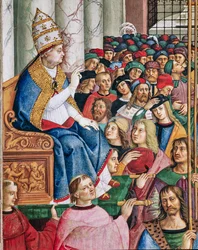 La Biblioteca Piccolomini, pared suroeste: "Eneas Silvio, elegido Papa con el nombre de Pío II, entra en San Pedro, el 3 de septiembre
