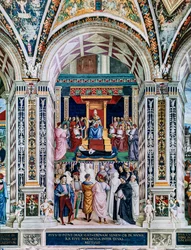 La Biblioteca Piccolomini, pared suroeste: "Pío II canoniza a Santa Catalina de Siena, 29 de junio