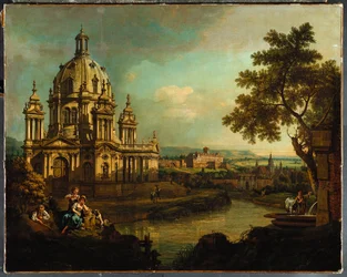 Un capricho con una iglesia con cúpula y edificios en Pirna, c.1765