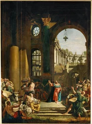 Jesús expulsa a los cambistas y mercaderes del Templo (pintura sobre lienzo)