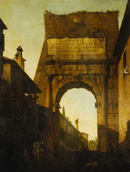 El Arco de Tito, Roma, con la Muralla y la Puerta de los Jardines Farnese y el Templo de Cástor y Pólux al fondo, dos turistas en primer plano