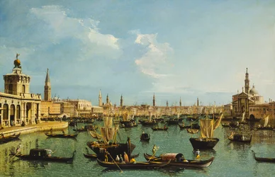 El Bacino di San Marco, Venecia, desde el canal de la Giudecca con la Dogana, el Molo, la Riva degli Schiavoni, la iglesia de San Giorgio Maggiore y numerosos barcos