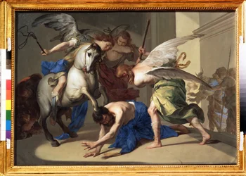 "La expulsión de Heliodoro del templo" Heliodoro (Heliodoros) es expulsado del templo por haber intentado, a instancias de su gobernante, apoderarse de los tesoros del templo de Jerusalén. Pintura de Bernardo Cavallino