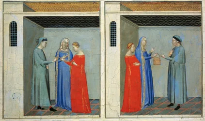 Predella con Historias de Sacra Cintola: matrimonio de Miguel recibiendo dote de Sacra Cintola, por Bernardo Daddi (1290-1348)
