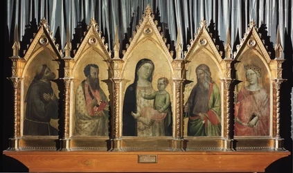 Virgen y niño con santos Francisco, Bartolomé, San Juan y Santa Catalina de Alejandría - temple sobre tabla