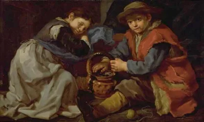 Una niña y un niño con un brasero