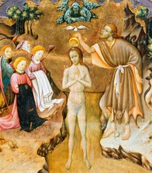 Bautismo de Cristo, detalle de la predela de un retablo de la Catedral de Vic, por Bernat Martorell, arte gótico catalán