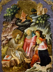 Predicación de Juan el Bautista, (detalle) del predela de un retablo de la Catedral de Vic, por Bernat Martorell (ca 1400-1452), pintado sobre madera. Arte gótico catalán.
