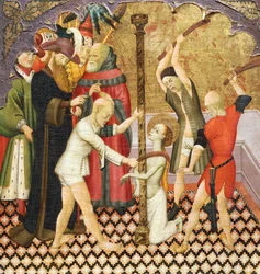 La flagelación de Santa Eulalia, detalle de la predela de un retablo de la Catedral de Vic, de Bernat Martorell (ca. 1400-1452), pintado sobre madera. Arte gótico catalán.