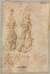 Diseño para un Candelabro, Figura Alegórica de la Abundancia, Diseño de Relieve Ornamental, c. 1490s