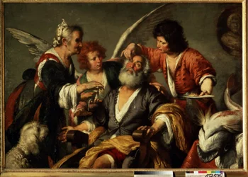 La curación de Tobías. Por consejo del Arcángel Rafael, el joven Tobías utiliza la hiel de un pez para devolverle la vista a Tobías, su padre. Pintura de Bernardo Strozzi (1581-1644). Óleo sobre tela