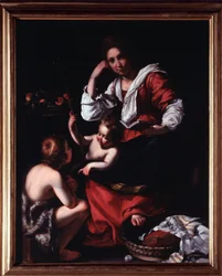 Representación de la Sagrada Familia con San Juan Bautista Niño. Pintura de Bernardo Strozzi (1581-1644) Génova, Musei di Strada Nuova (ex Palazzo Rosso) Italia