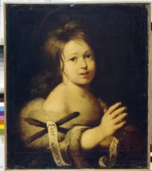 San Juan Bautista, niño. (Juan el Bautista, de niño). Sostiene una cruz con una filacteria ""Ecce agnus dei"" (He aquí el Cordero de Dios). Pintura de Bernardo Strozzi (1581-1644), óleo sobre lienzo