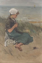 Chica tejiendo en las dunas