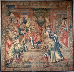 Ciclo de Edipo: Edipo y Yocasta - A la izquierda, Edipo resuelve el enigma de la esfinge, en el centro, Edipo se sienta en el trono junto a la Reina Yocasta, su madre - Tapiz