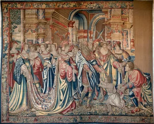 Ciclo de Edipo: procesión de Polibo y Peribea en Corinto - La procesión marca la adopción, por la reina, de Edipo que escapa de los brazos de Forbas, rodea a soberanos y cortesanos observando la escena - Tapiz
