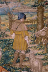 Tapiz flamenco. Serie La fundación de Roma: Faustulus conoce a Rómulo y Remo. Dibujante Barend van Orley (?). Fabricación de Bruselas. 1525-1530. Detalle.