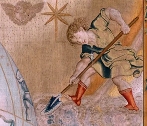 Tapiz flamenco. Serie Las Esferas. Hércules sosteniendo la esfera celeste (Hércules sostiene la esfera celeste). Primer tapiz de la serie. Modelo Barend van Orley o Pieter Coecke van Aelst. 1525-1530. Fabricación Joris Vezeleer (Georg Wezeler)?, B