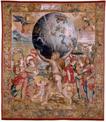 Tapiz flamenco. Serie Las Esferas. Hércules sosteniendo la esfera celeste (Hércules sostiene la esfera celeste). Primer tapiz de la serie. Modelo Barend van Orley o Pieter Coecke van Aelst. 1525-1530. Fabricación Joris Vezeleer (Georg Wezeler)?, B