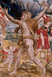 Tapiz flamenco. Serie Las Esferas. Hércules sosteniendo la esfera celeste (Hércules sostiene la esfera celeste). Primer tapiz de la serie. Modelo Barend van Orley o Pieter Coecke van Aelst. 1525-1530. Fabricación Joris Vezeleer (Georg Wezeler)?,