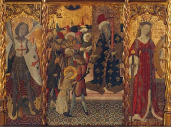San Miguel y Santa Catalina, enmarcando el martirio de Santa Eulalia de Barcelona (289-304) - Pintura de Bernat Martorell (1390-1452), temple sobre madera (143,5x188 cm), ca. 1442-1445 - San Miguel, Martirio de Santa Eulalia y Santa Catalina, Tem