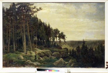 Pintura "Un leñador y un cazador en un paisaje forestal" de Berndt Lindholm (1841-1914) Museo de Arte Mikhail Kroshitsky, Sebastopol (Sebastopol) Ucrania