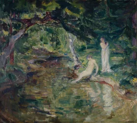 Pareja bañándose en el bosque (óleo sobre lienzo)