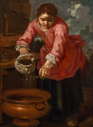 En italiano:  Lavaggio di un vetro di vino Una joven lavando un vaso ("Alegoría del agua")