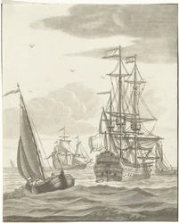 Un buque de guerra y tres veleros en alta mar