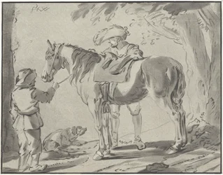 Dos hombres junto a un caballo