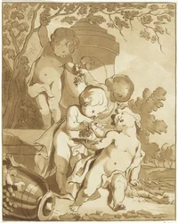 Cuatro putti recogiendo uvas junto a un jarrón