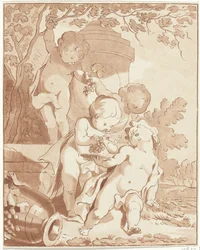 Cuatro putti recogiendo uvas junto a un jarrón