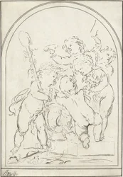 Cinco putti junto a un jarrón con una parra