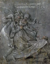 Pareja de enamorados con el Diablo y Cupido