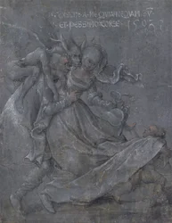 Pareja de amantes con el Diablo y Cupido