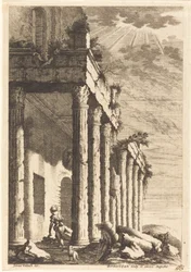 Viajeros junto a un pórtico en ruinas
