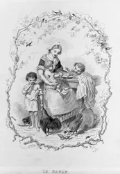 La nana: una joven madre da de comer a sus tres hijos en "La Fisiología del Gusto" de Brillat-Savarin ilustrado por Bertal. París 1840. Jean Anthelme Brillat-Savarin (1755-1826) gastrónomo francés.